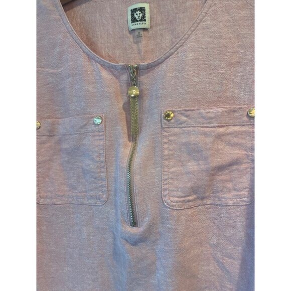 Anne Klein Pink Zip-Front Top W/ Roll-Up Sleeves & Gold Button Detail Womens Siz - Picture 2 of 8